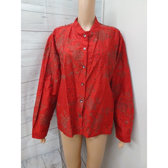 Chicos design floral button front top red long sleeve embroidery Sz 3 - XL/16 - Picture 1 of 9
